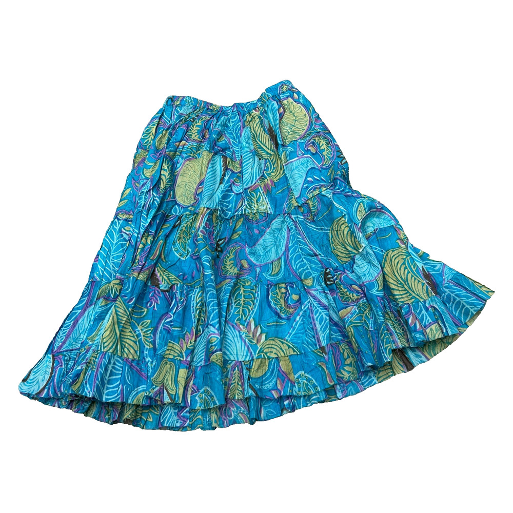 Raj Womens Blue‎ Cotton Leaf Print Elastic Waist Midi Skirt Boho One Size NWT